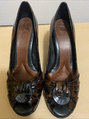 Nurture Brown and Black Patent Peep-Toe Pumps